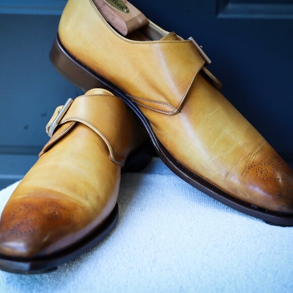 SALE - Franceschetti 10.5 - 11 Italian Tan Burnished Monk Strap Mens Dress Shoes - Picture 2 of 15